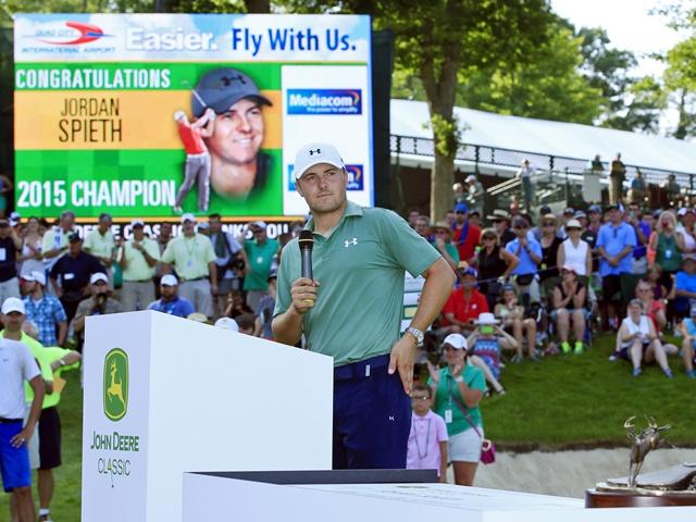 Jordan Spieth addresses the crowd after his second JDC title 